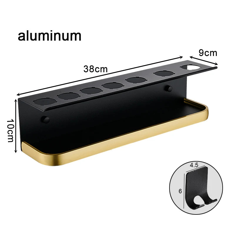 étagère mural moderne aluminium noir clips cheveux organisation salle bain cheveux brosse parfum