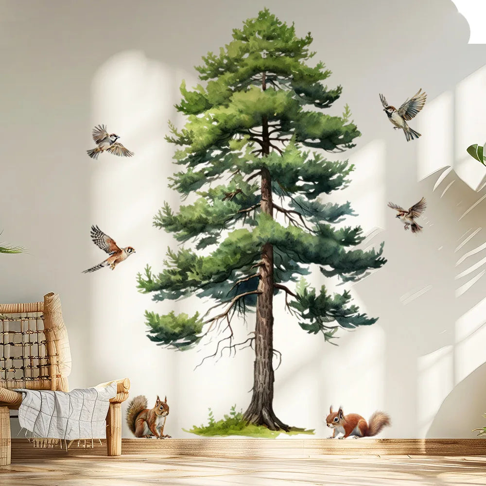 autocollant mural illustration arbre oiseaux écureuils plantes décoration chambre enfant crèche jeu vert brun