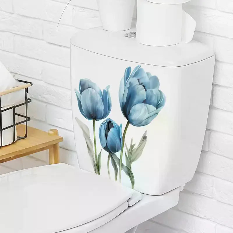 cache wc autocollant fleurs tulipes pivoines papillons herbe roches blanc naturel salle bain décoration
