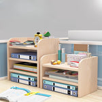 rangements multi niveaux bois moderne calculatrice stylos classeurs horloge bleu vert rouge