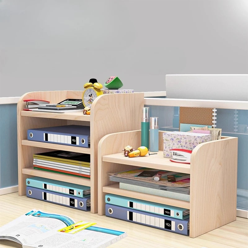 rangements multi niveaux bois moderne calculatrice stylos classeurs horloge bleu vert rouge