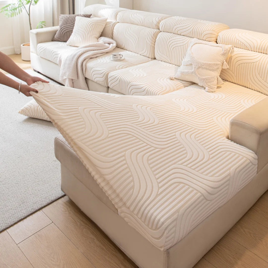 housse canapé beige clair polaire jacquard rayures horizontales extensible salon moderne
