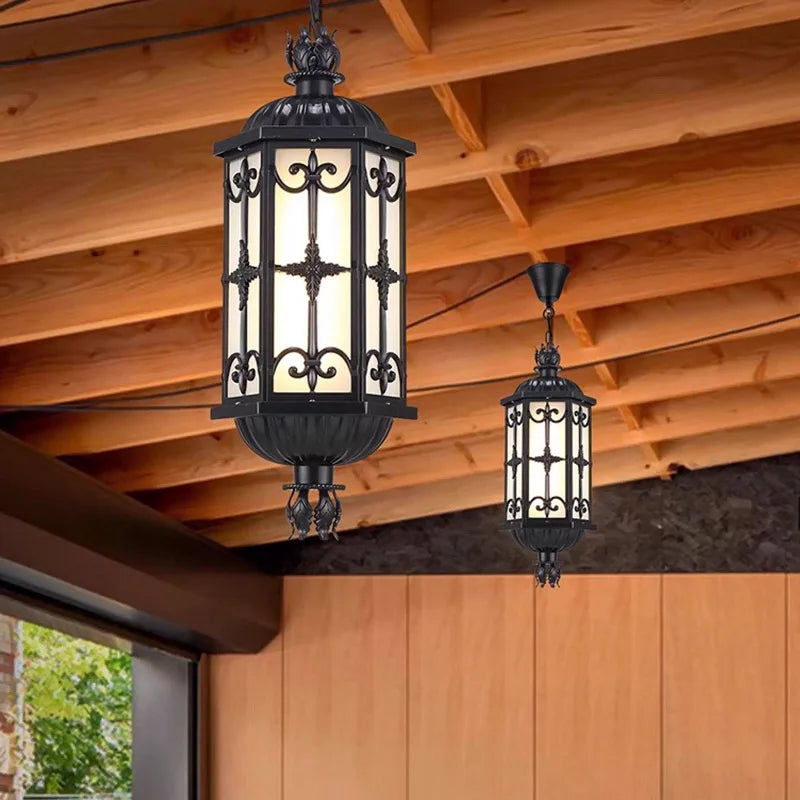 lampe suspendue classique vintage ornements floraux verre translucide éclairage extérieur ip55 aluminium noir