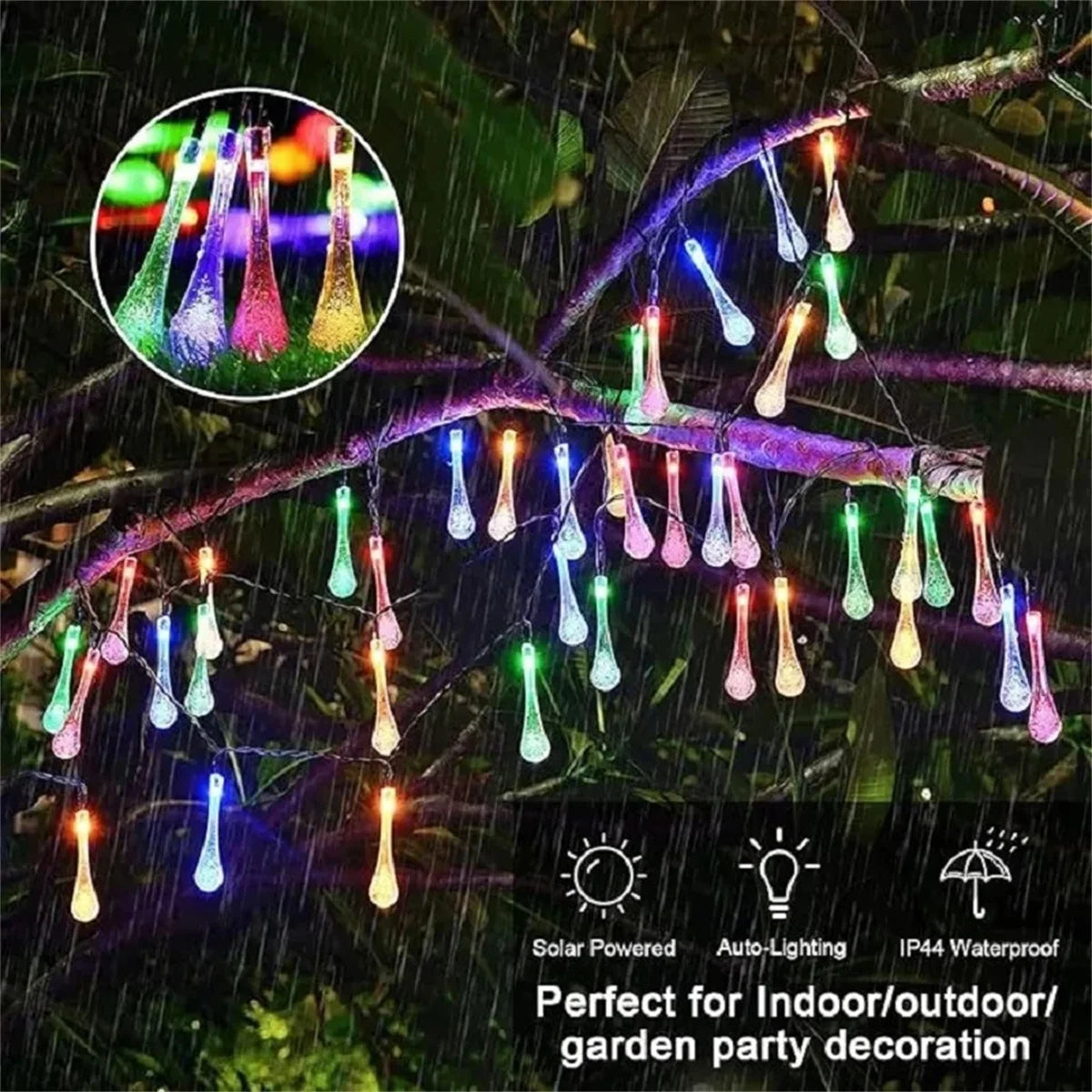 guirlande lumineuse solaire 12m 100led multicolore gouttes d'eau moderne extérieur jardin