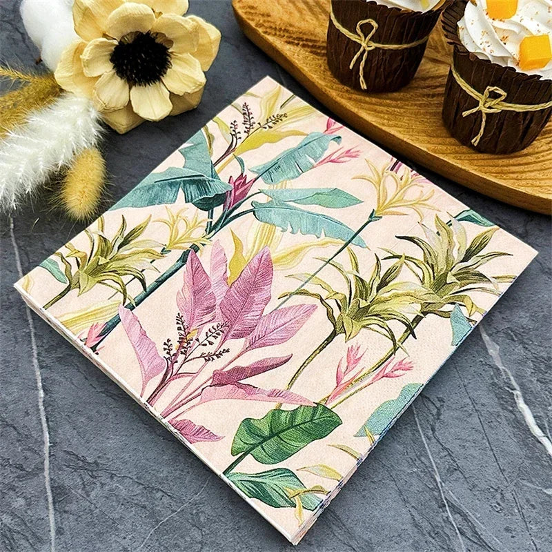 serviettes papier imprimées motif floral moderne 33cm rose clair vert bleu violet tropicales 20pcs