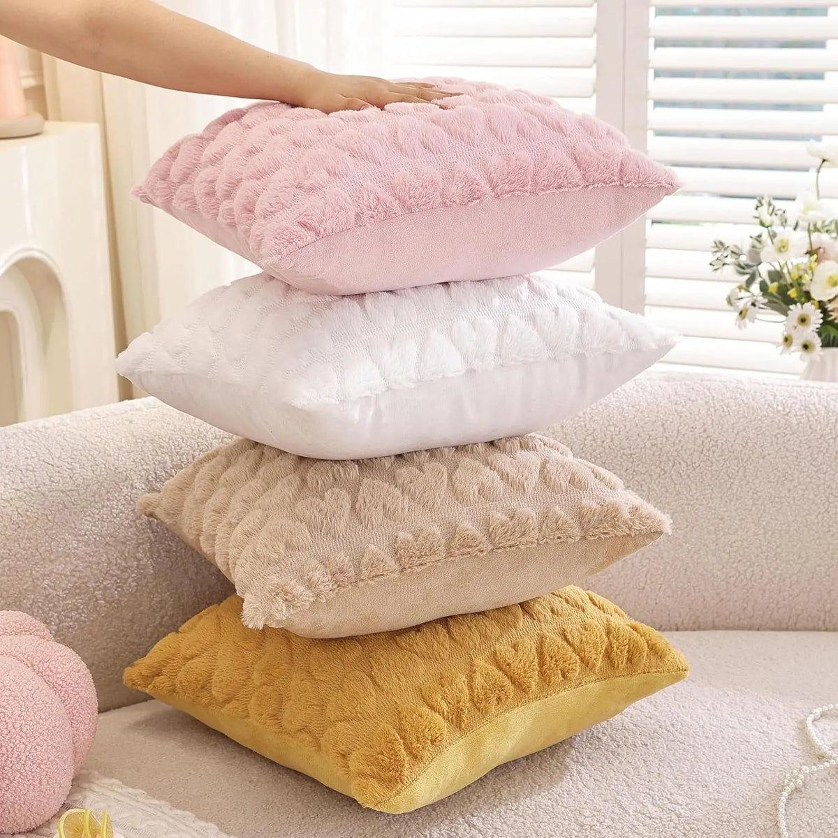 housses coussin motif cœurs polyester blanc rose rouge gris orange jaune doux confortable maison