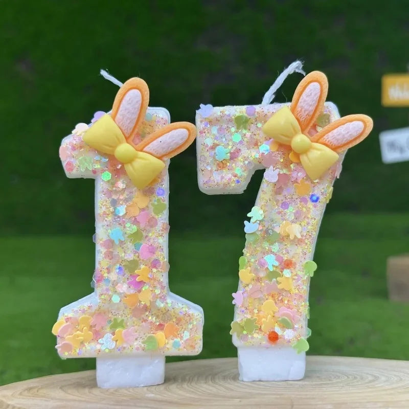 bougies forme numéro lapin oreilles paillettes colorées adhésif décoration enfantine anniversaire mariage festive