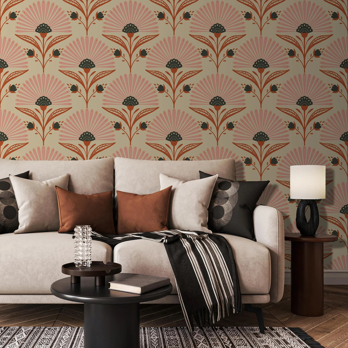 papier peint fleurs stylisées art déco beige rose noir résistant humidité autocollant chambre cuisine
