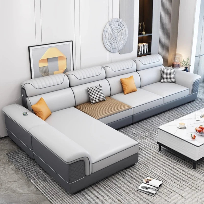 canapé d'angle moderne gris clair gris foncé beige noir tissu rayures géométrique coussins