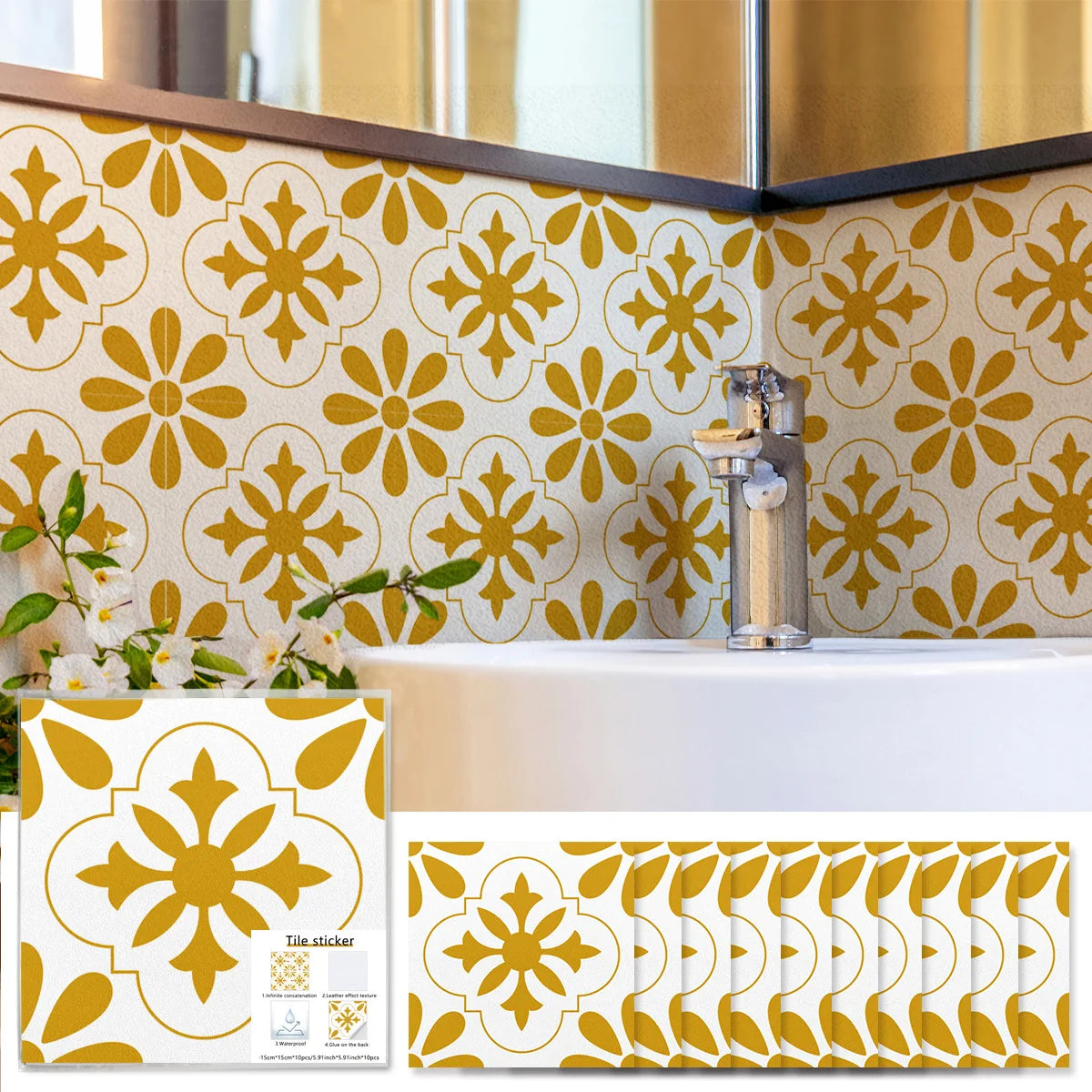 sticker mural fleurs géométriques blanc jaune doré décoration intérieure moderne pvc 10 pièces étanches
