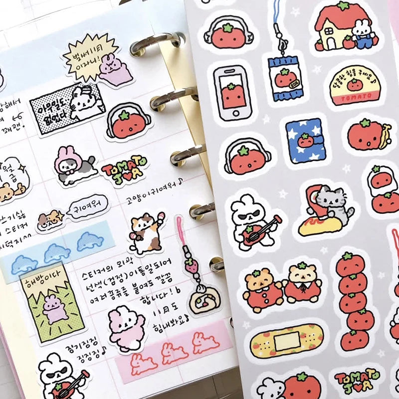sticker kawaii animal mignon dessin animé rose blanc bleu vert gris noir adhésif personnages