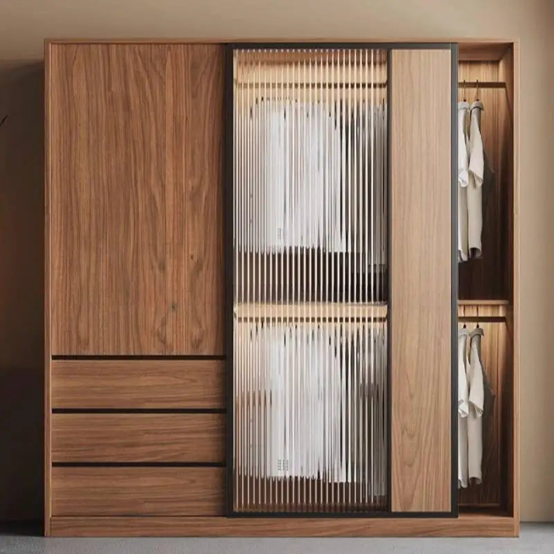 armoire portes coulissantes moderne bois naturel noir étagères tiroirs minimaliste chambre coucher