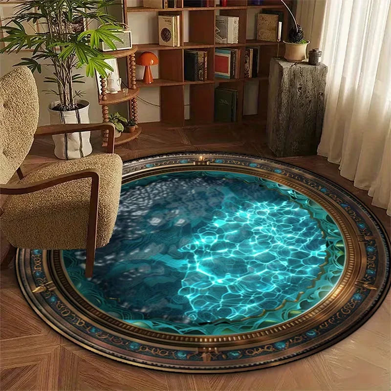 tapis rond vert bleu doré motif eau ondulante moderne maison décorationextérieur 80x80cm 120x120cm