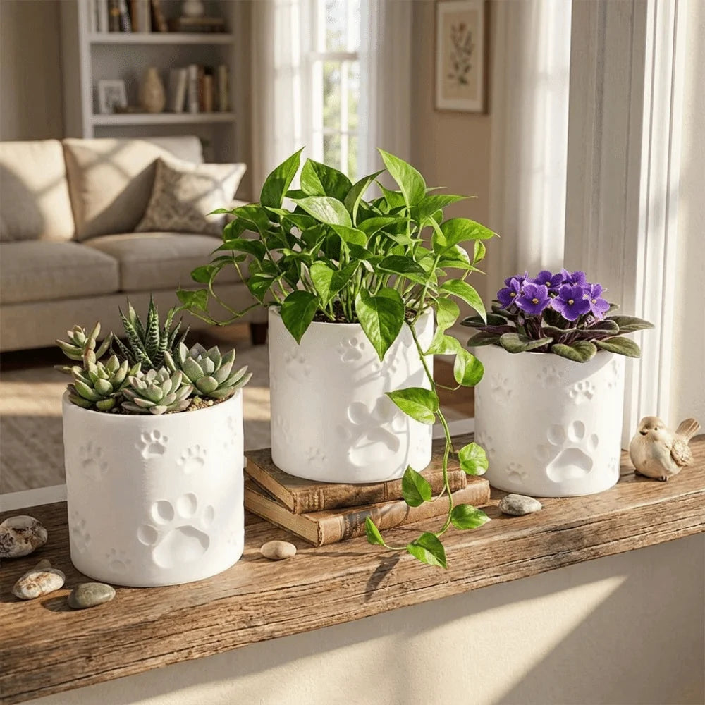 pot fleurs motif pattes animaux blanc surface texturée