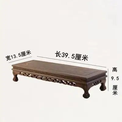 présentoir bois sculpté marron motifs complexes reliefs plantes bonsaï vases fleurs théière tasses déco