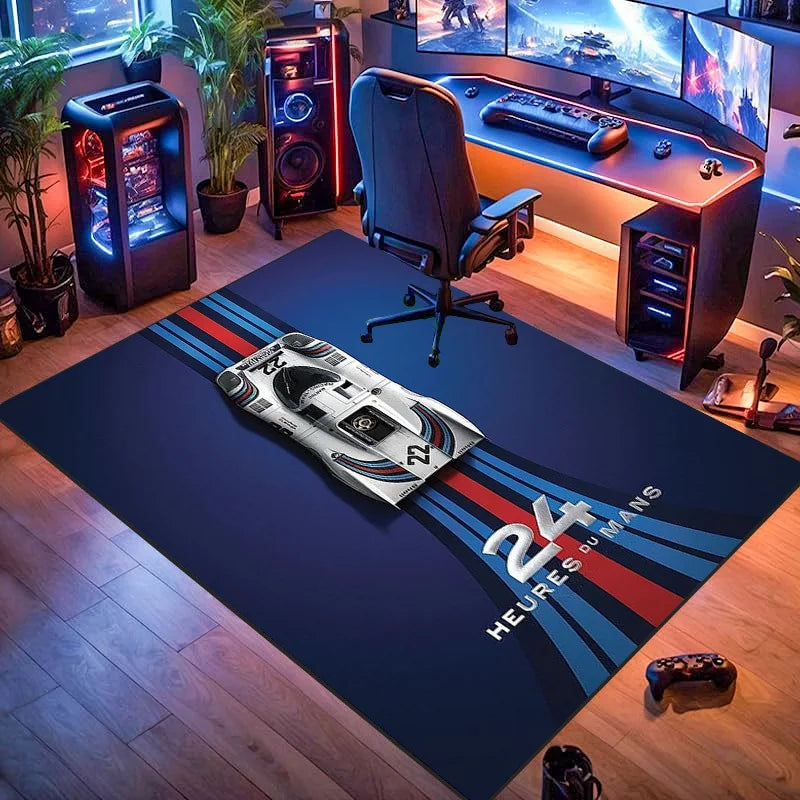 tapis course voiture mans motifs graphiques moderne antidérapant polyester bleu rouge blanc jaune