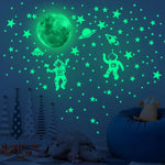 stickers muraux lumineux lune étoiles astronautes vaisseau spatial motif géométrique vert fluo adhésif décoration