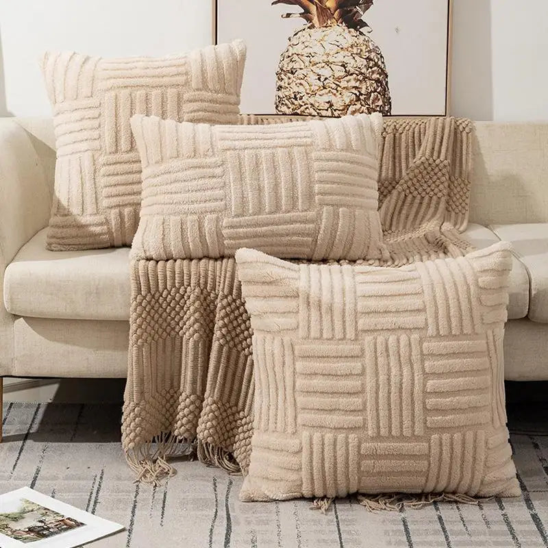 coussins décoratifs modernes texture duveteuse motifs rectangles couleurs vert menthe beige rose blanc gris