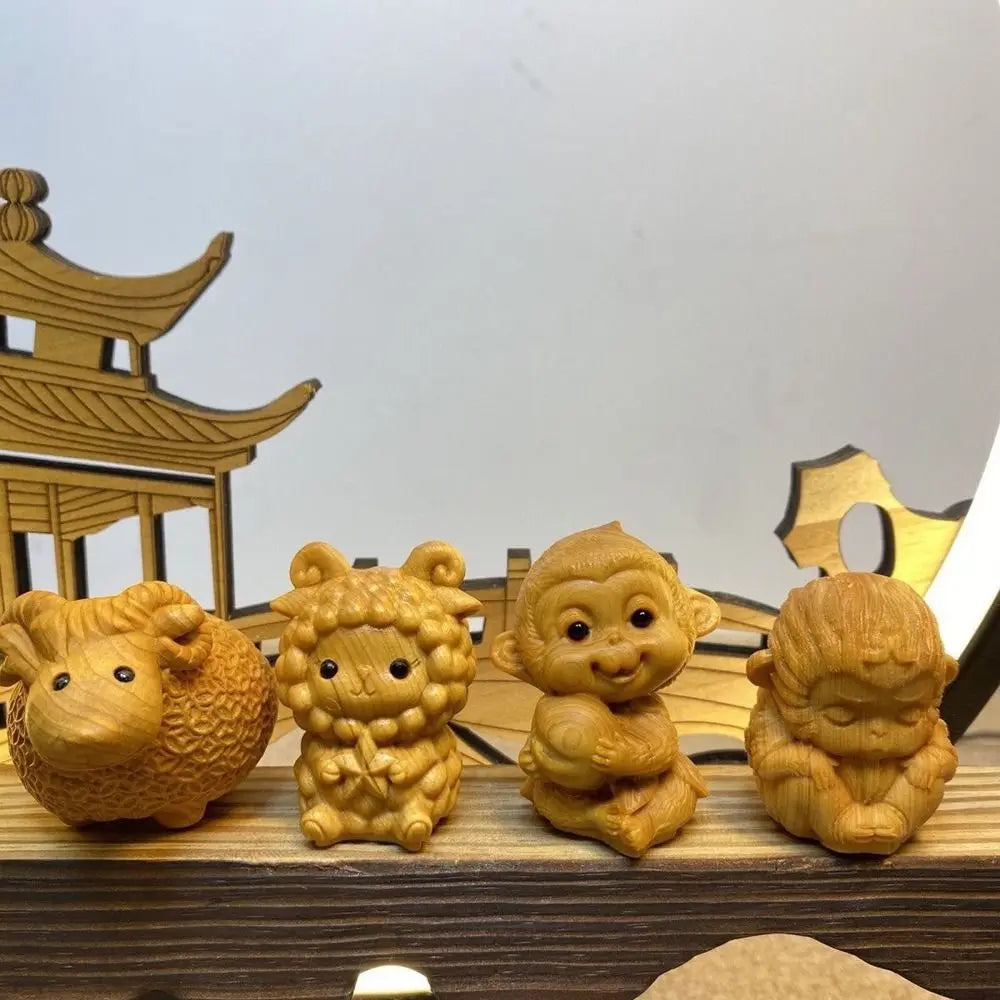 statuettes animales sculptées détaillées zodiaque naturel brun clair artisanal figurines individuelles opaques