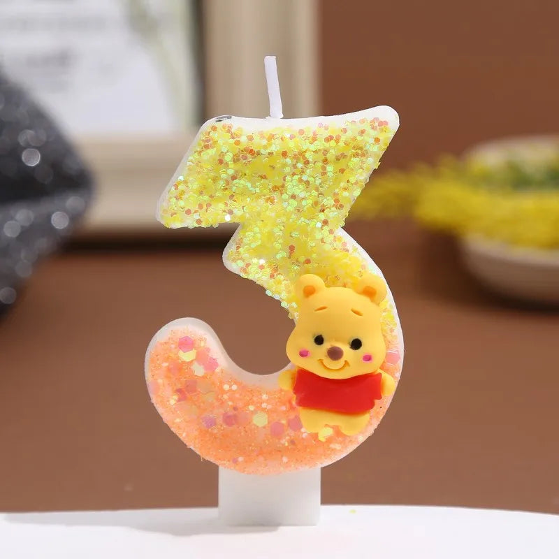 bougies anniversaire chiffre winnie ourson sequins dorés jaune orange blanc