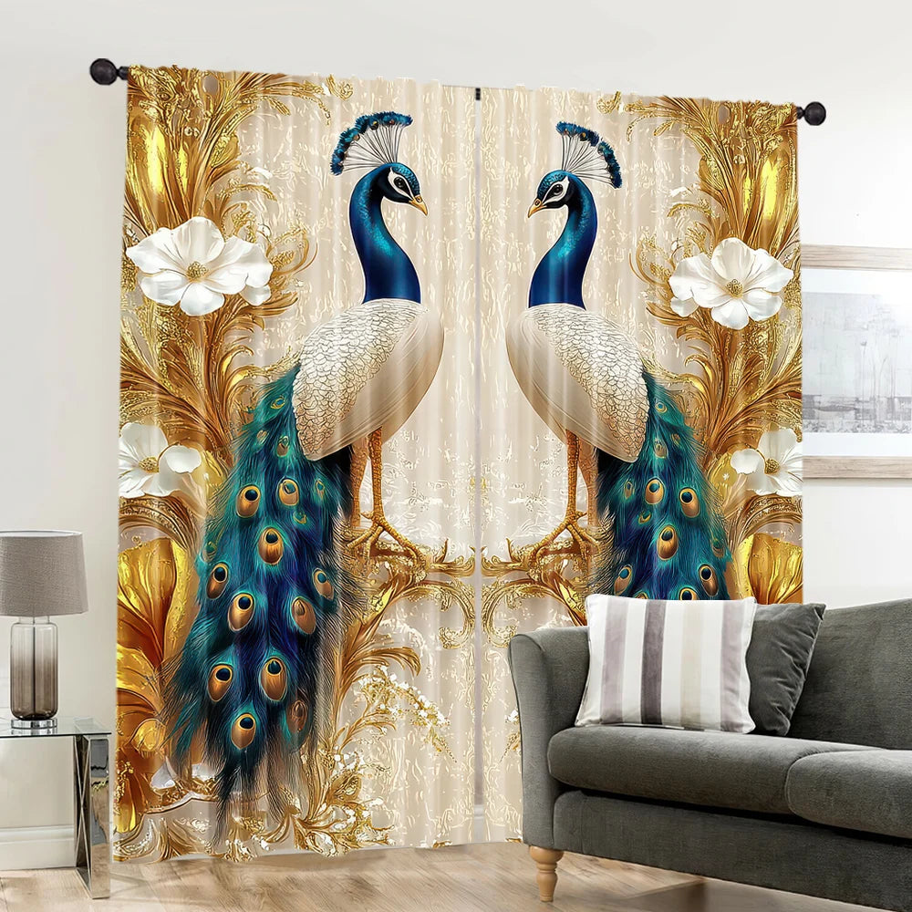 rideau classique oiseaux bleu blanc doré semi opaque polyester anneaux noirs decoration mur interieur