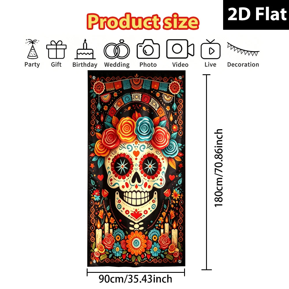 rideau porte halloween crâne fleurs traditionnelles artisanal festif noir rouge orange bleu blanc jaune