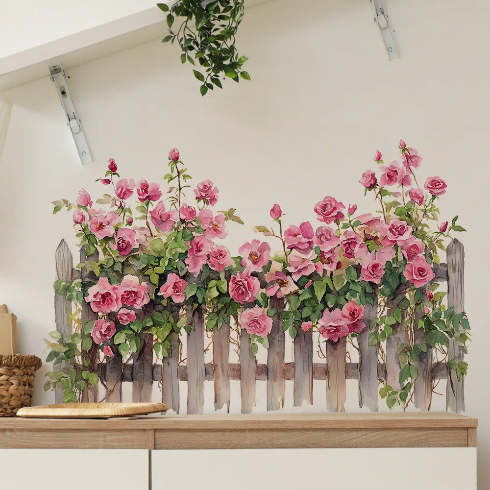 autocollants muraux adhésifs roses feuilles clôture bois décor maison salon chambre pastorale moderne simplicité