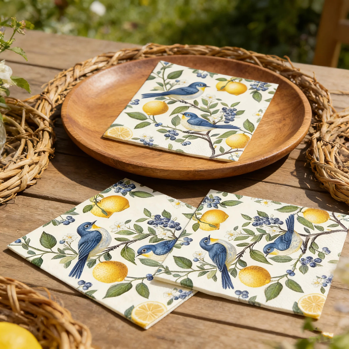 serviettes papier motif oiseaux citrons fleurs bleu jaune vert blanc 20 40 60 pièces