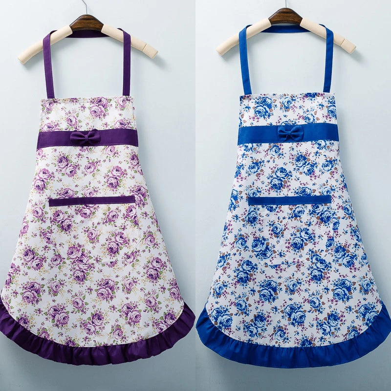 tablier fleurs roses bleues coton imperméable résistant l'huile poches épaulettes classique