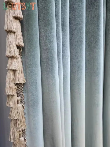 rideau velours bleu clair classique franges beige maison