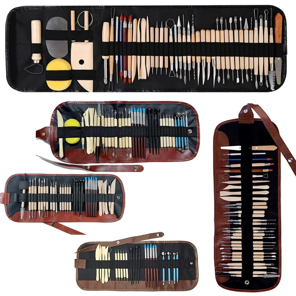 ensemble pinceaux outils céramique sculpture poignées bois métal pointes plastique transparent ergonomiques