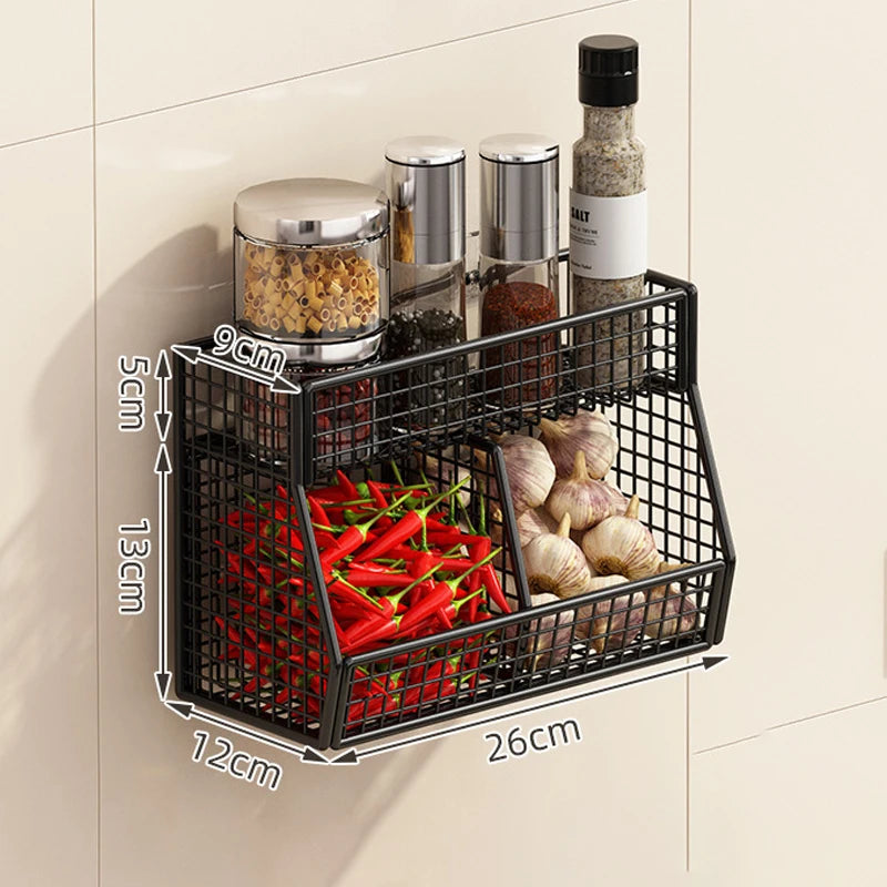 panier mural noir blanc maille métallique moderne adhésif rangement fruits légumes cuisine