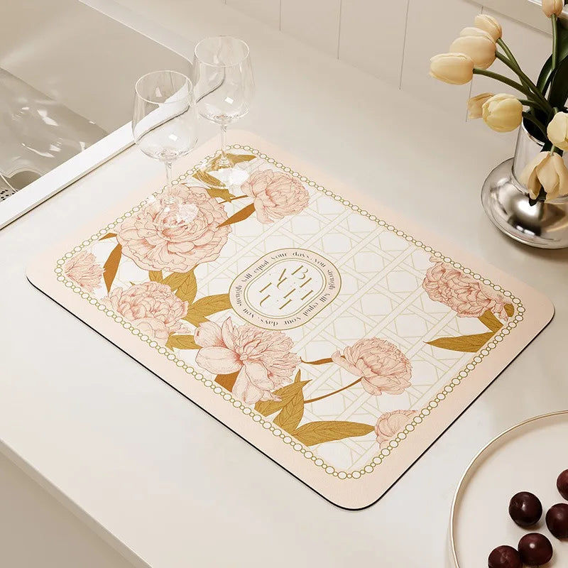 tapis cuisine séchage vaisselle diatomée rectangulaire motif fleurs moderne beige noir élégant