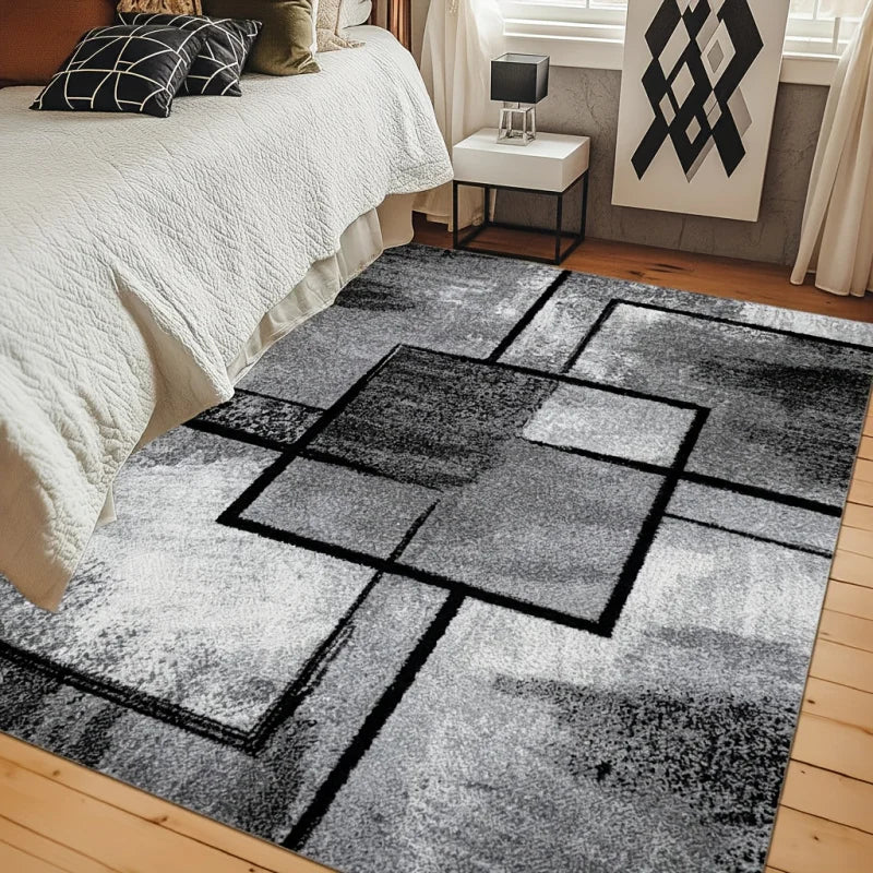 tapis géométrique moderne gris noir blanc résistant saleté facile entretenir salon chambre decoration extérieur