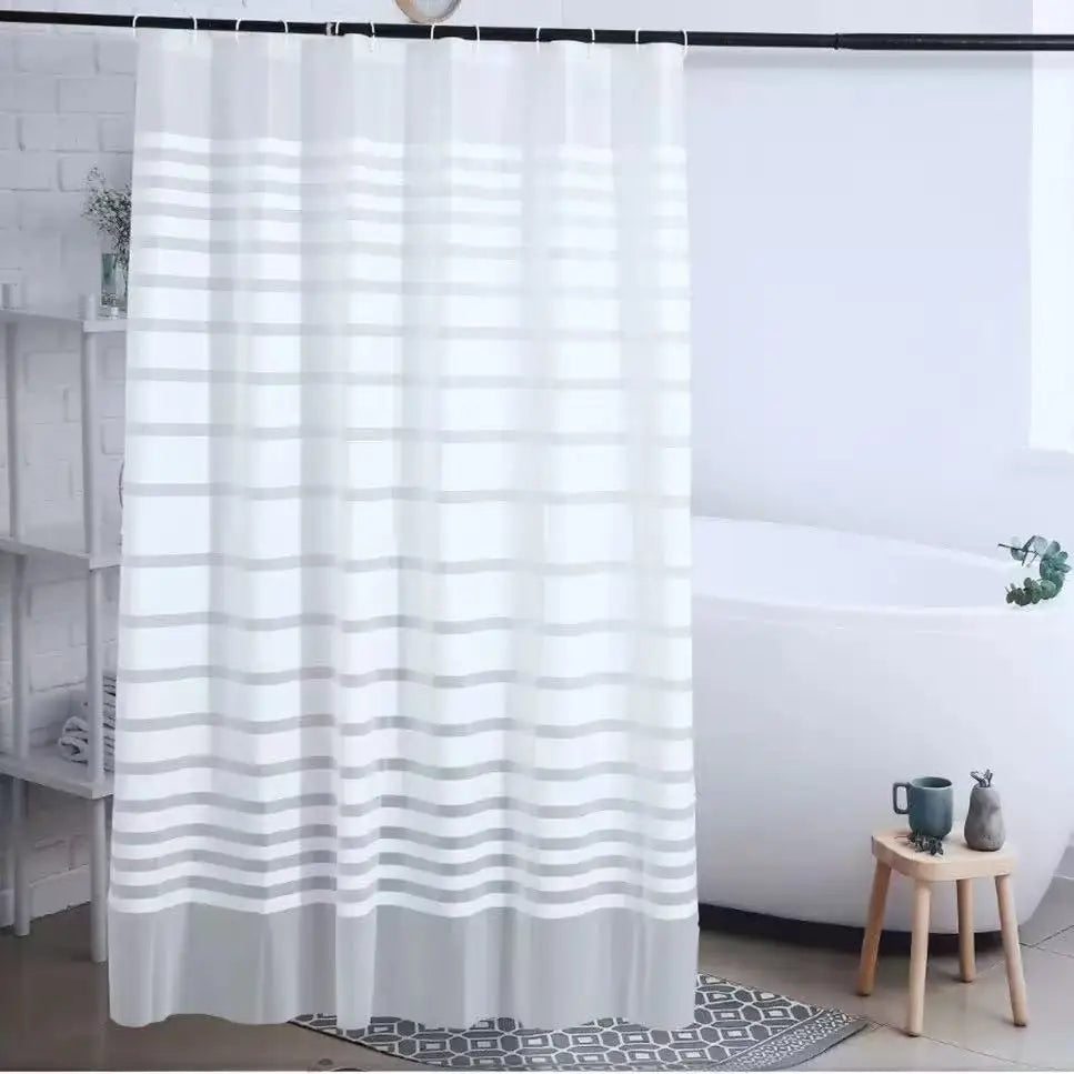 rideau douche moderne rayé blanc gris ourlet standard éva semi transparent métalliques facile installer
