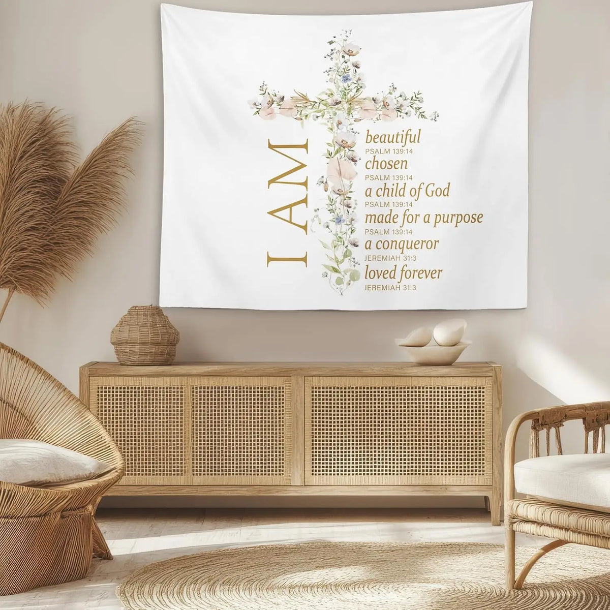tapisserie murale boho chic versets religieux fleurs feuilles blanc doré roseclair bleuclair beige