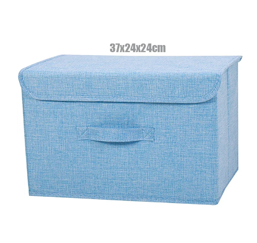 boîte rangement pliable tissu lin gris beige couvercle poignées vêtements