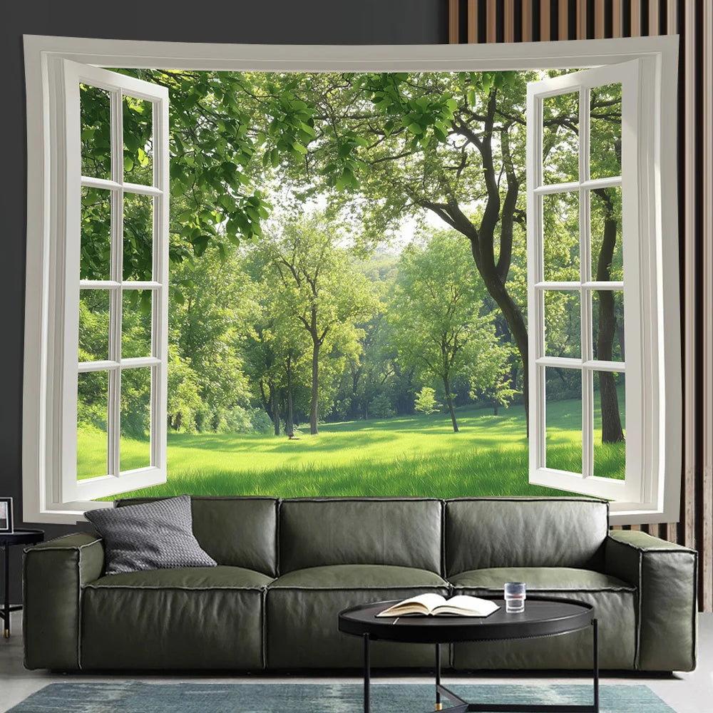 sticker mural paysage arbres moderne blanc vert beige adhésif salon chambre
