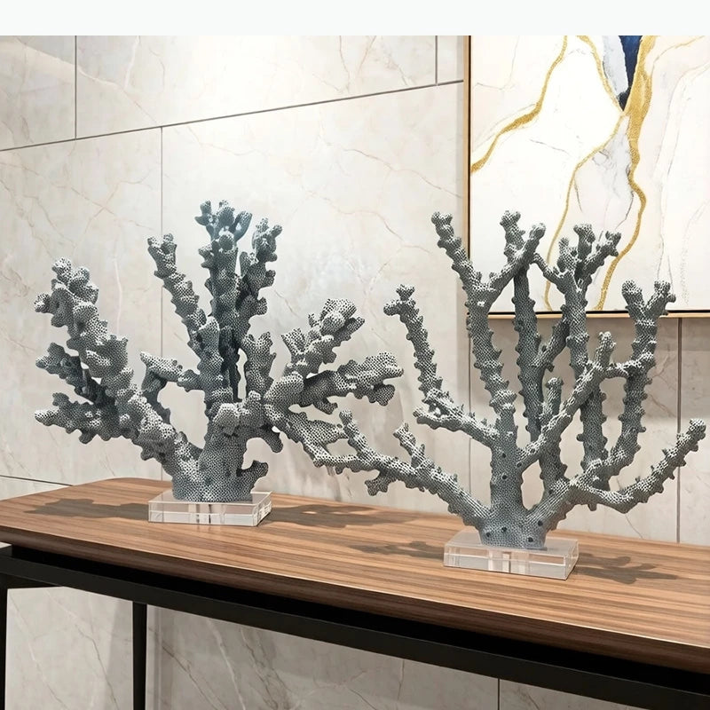 sculpture artificielle moderne gris clair texture corail opale base transparente minimaliste decoration table