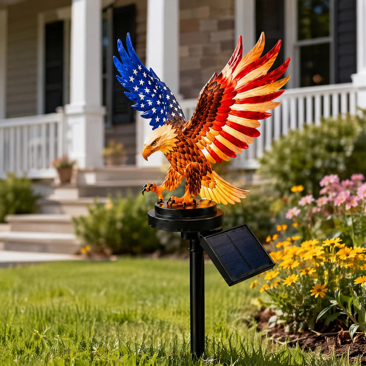 décoration solaire aigle américain jardin rouge blanche bleue ailes déployées patriote