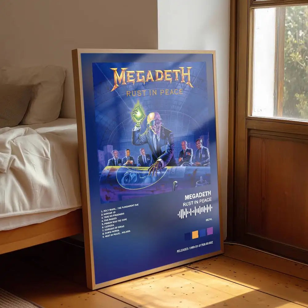 affiche musicale megadeth moderne rock blanche noire bois textes chansons logos chambre salon