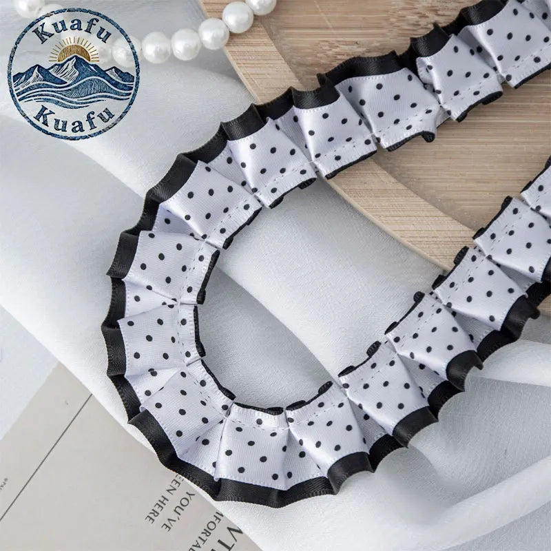 ruban plissé dentelle polyester largeur 2.5cm mariage noir blanc rose bleu violet points noirs