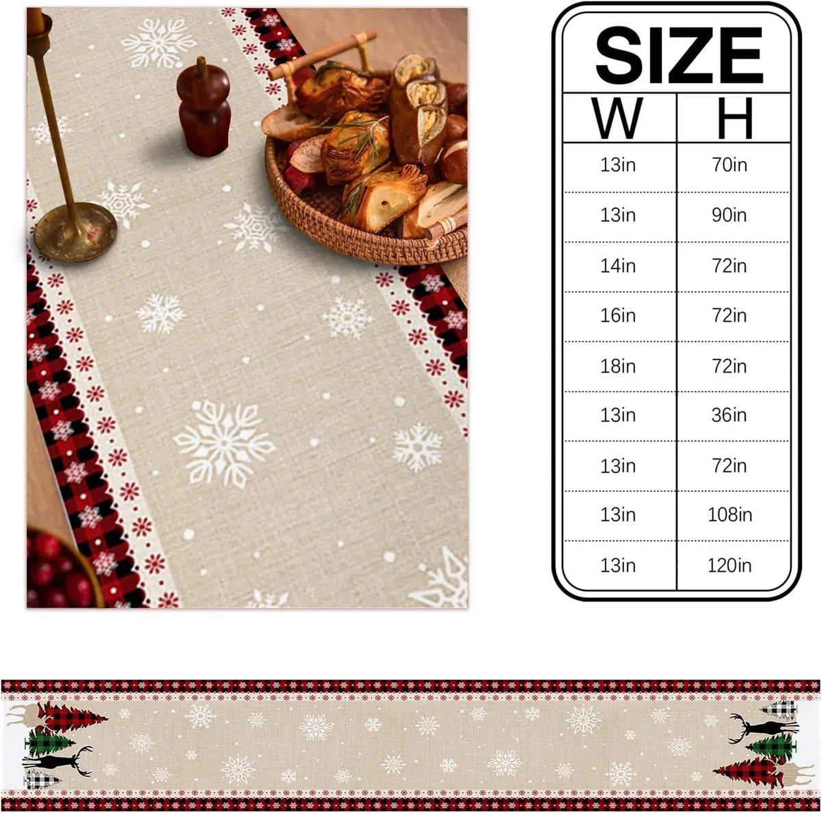 L'image montre une belle composition de Noël avec des assiettes de nourriture dans un panier en osier, des ornements de Noël rouges et blancs, et une nappe avec un motif de flocons de neige sur un fond clair. Cette image pourrait être utilisée pour illustrer un produit festif ou une décoration de table de Noël.
