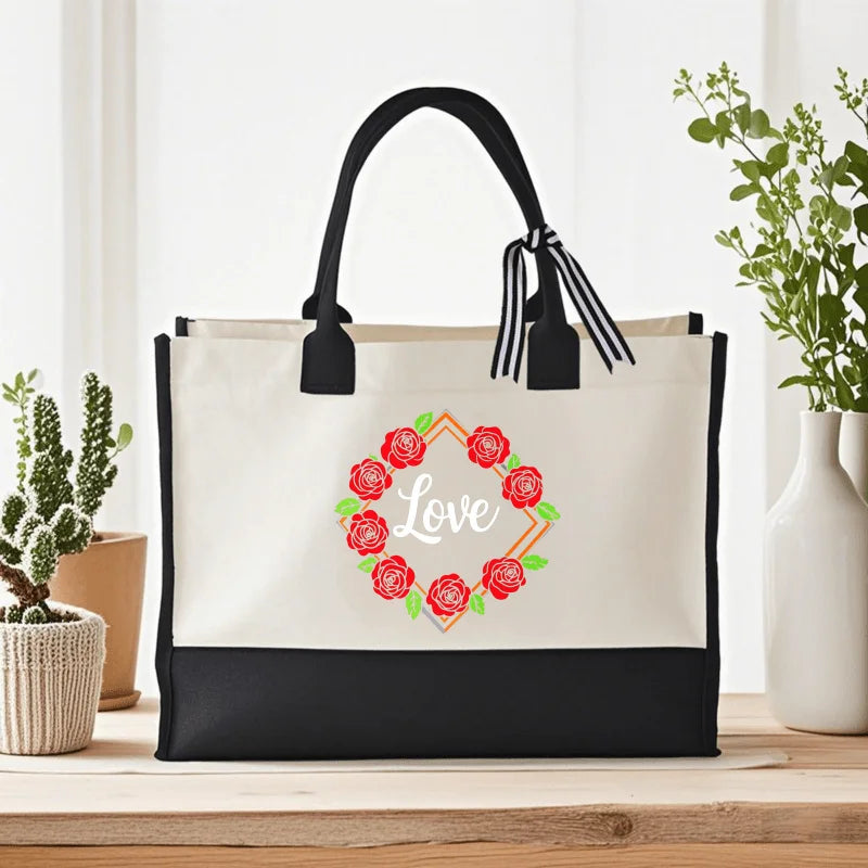 Sac main toile roses love moderne beige noir poignées élégant réutilisable respectueux environnement