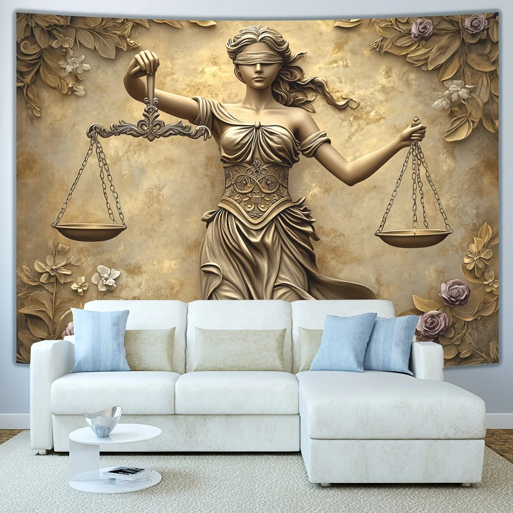 toile d'art statue justice balances fleurs classique baroque polyestère beige doré moderne salon chambre