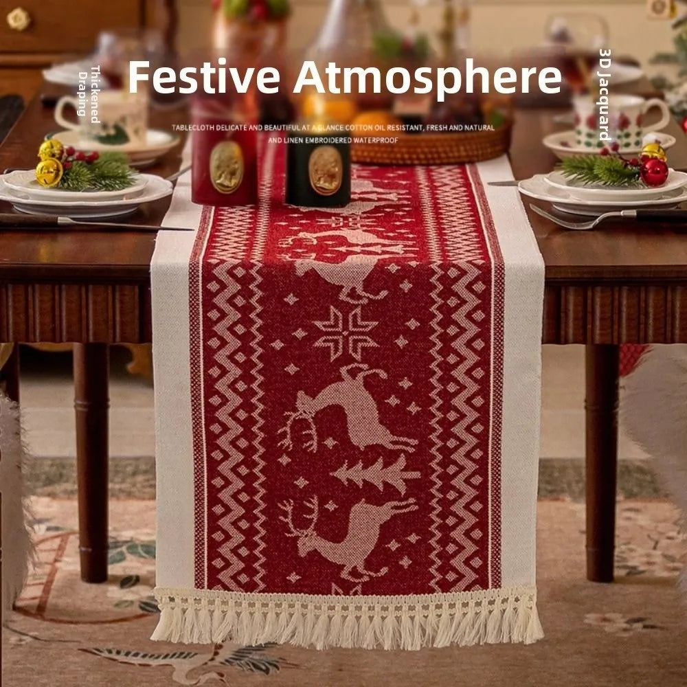 table noël chemin rouge motifs rennes sapins étoiles traditionnel festif coton polyester