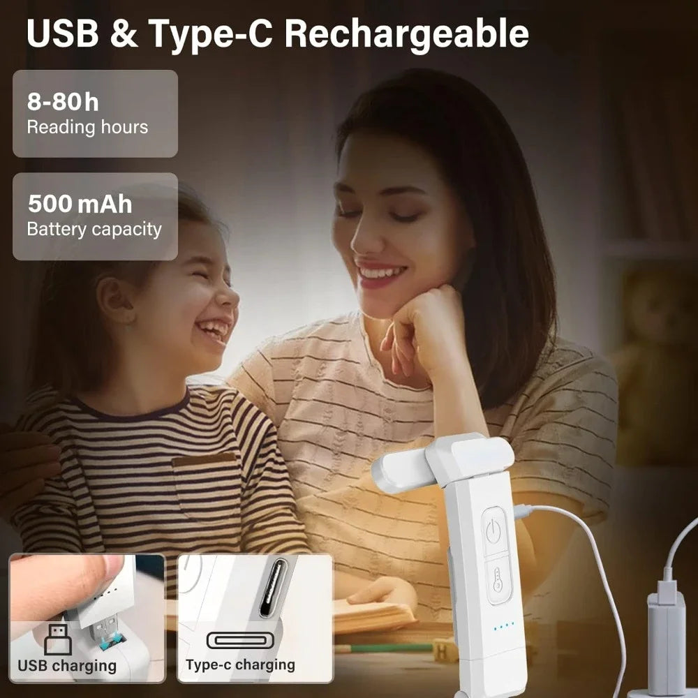 lampe lecture rechargeable led clip portable blanc trois couleurs adjustable charge type