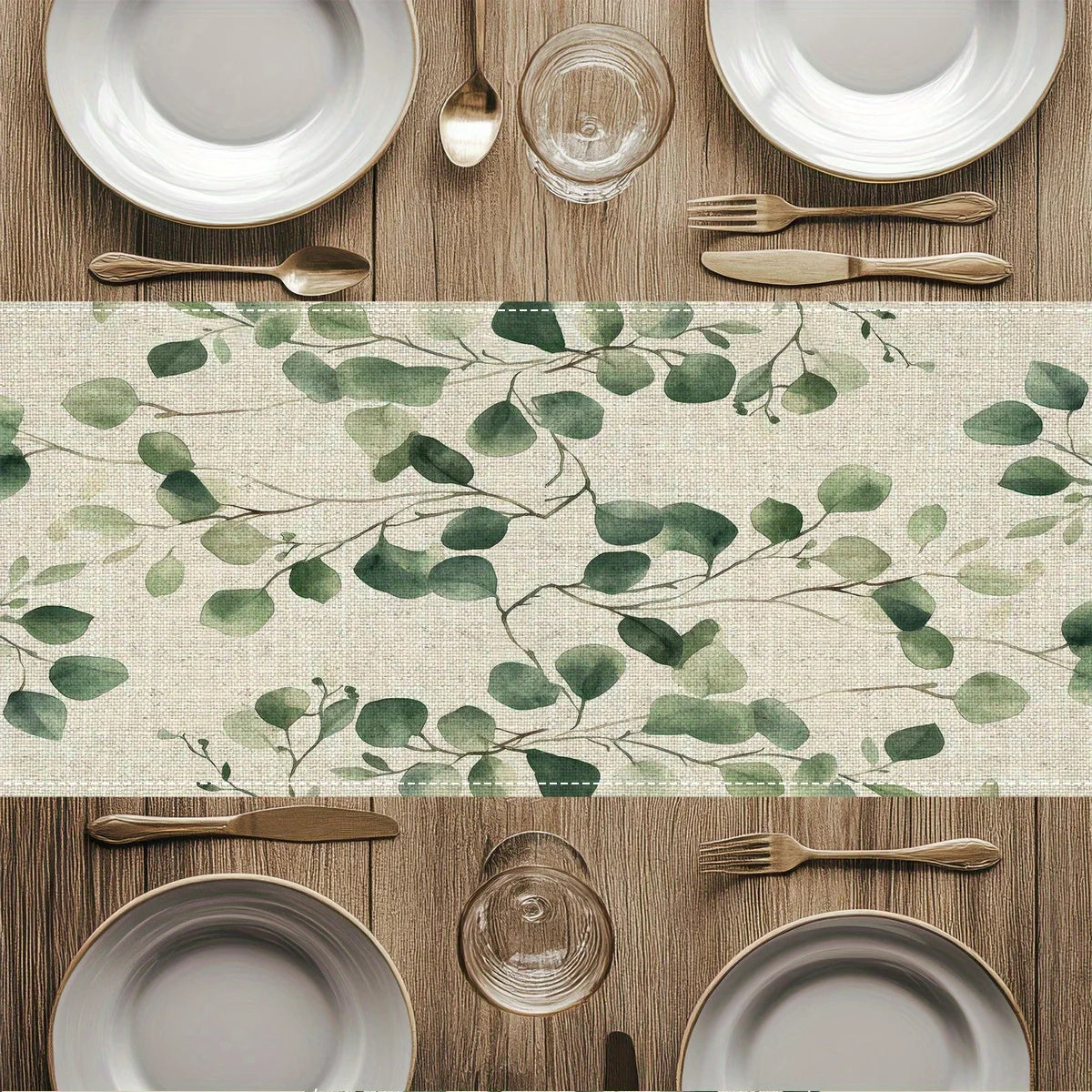 table chevet chemin table lin feuilles eucalyptus vertes moderne naturel
