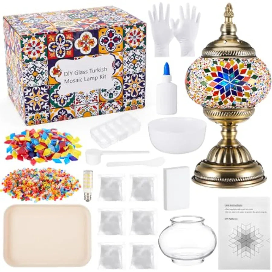 kit diy lampe turque mosaïque verre bleu blanc doré étoile losange transparent artisanal