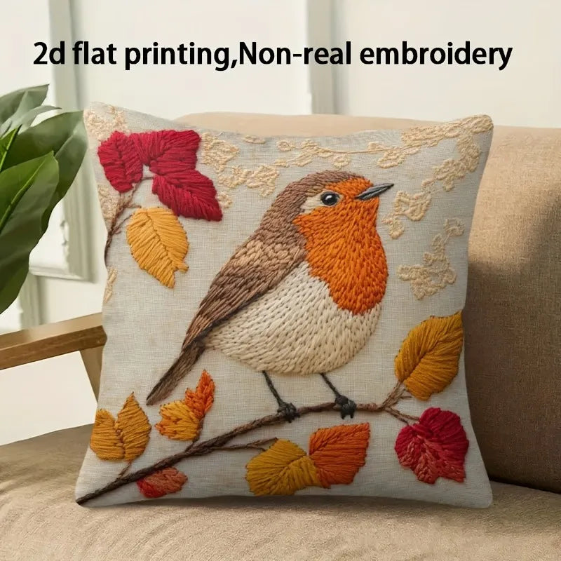 housse coussin imprimé robin feuilles d'automne dentelle beige rustique décoration maison amovible lavable polyester